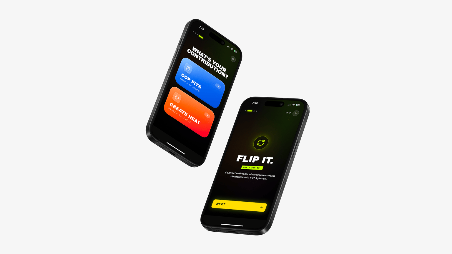 Two phones showing the reworked onboarding: a screen asking what your contribution is, with Cop Fits and Create Heat as the two options, and the Flip It explainer screen.