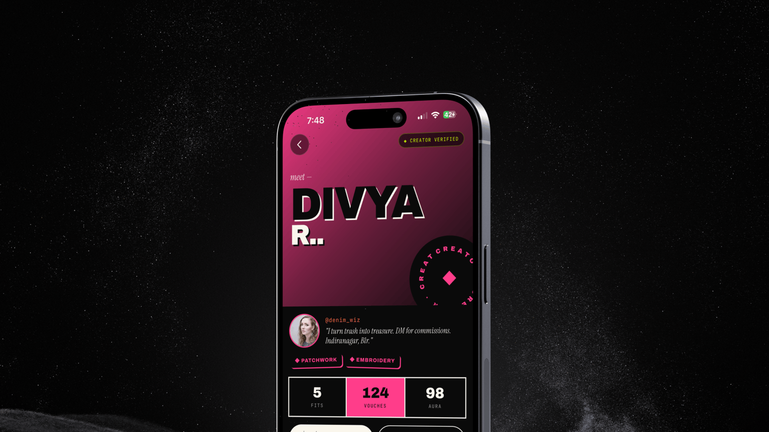 A creator profile in the shipped build: Divya R, a verified creator in Indiranagar, with her fits, vouches and Aura counts and buttons to follow or commission her.
