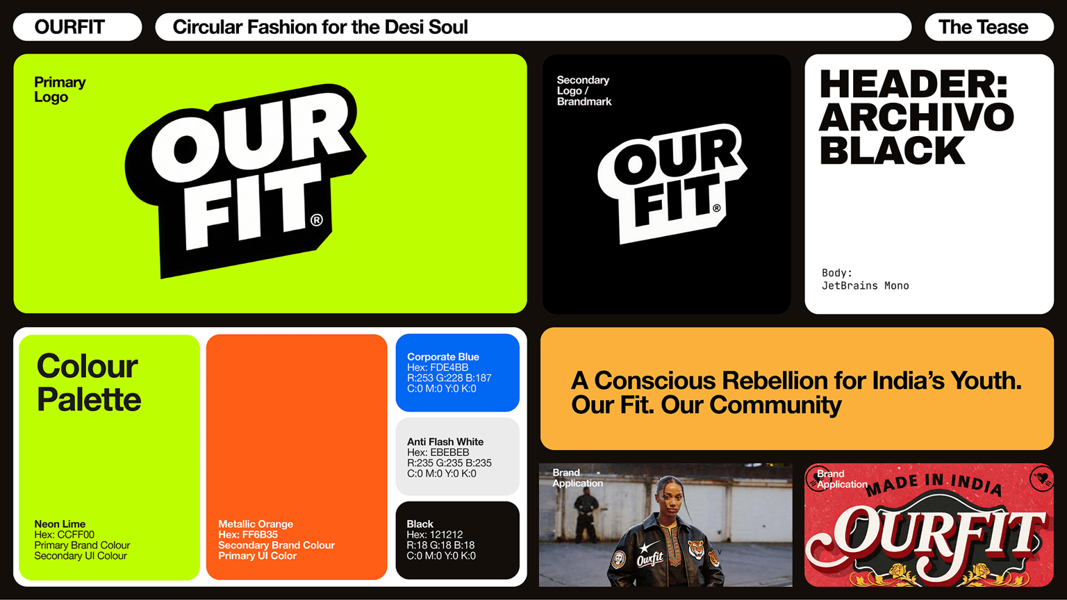 The OurFit brand sheet: primary and secondary logo lockups, the neon lime and metallic orange palette with hex and CMYK values, Archivo Black headers with JetBrains Mono body, and brand applications on jackets and stickers.