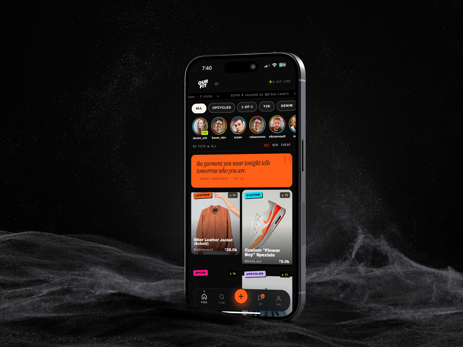 OurFit — key visual: the feed running on an iPhone