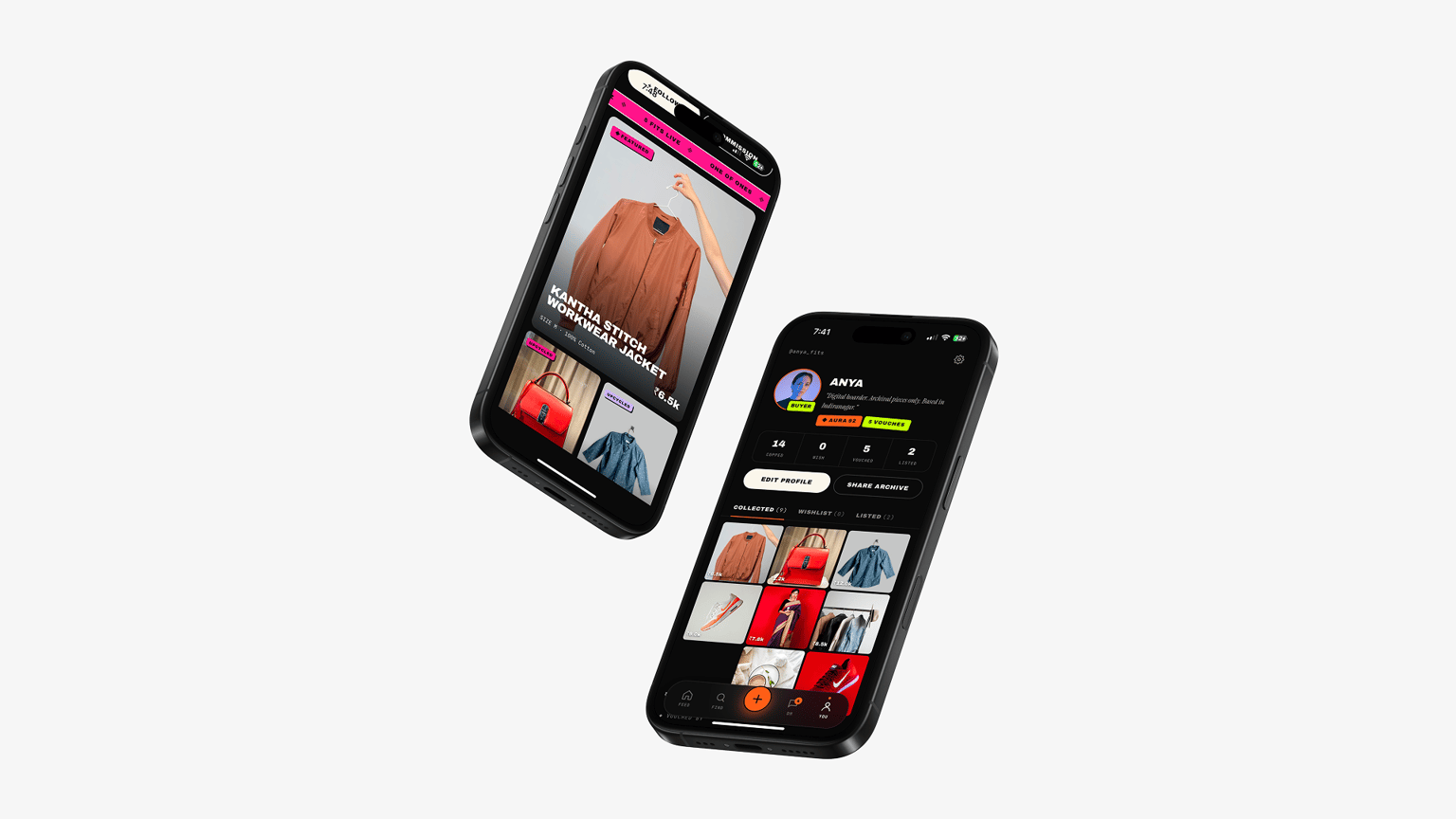 Two phones showing the ends of that arc: a full-bleed listing page for a jacket, and a creator profile with a grid of pieces they have flipped.